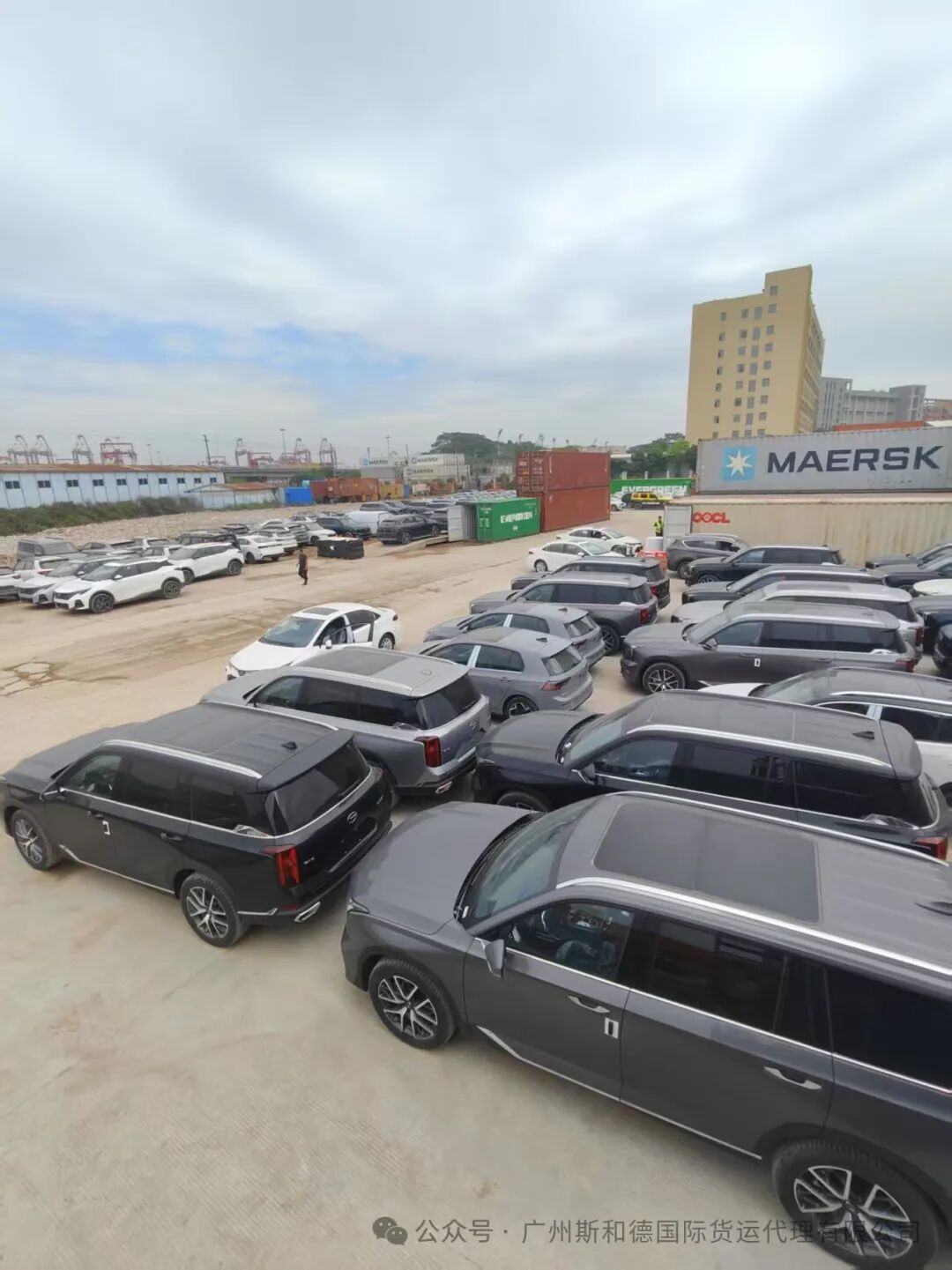 A large fleet of vehicles staged at the port awaiting container loading and export