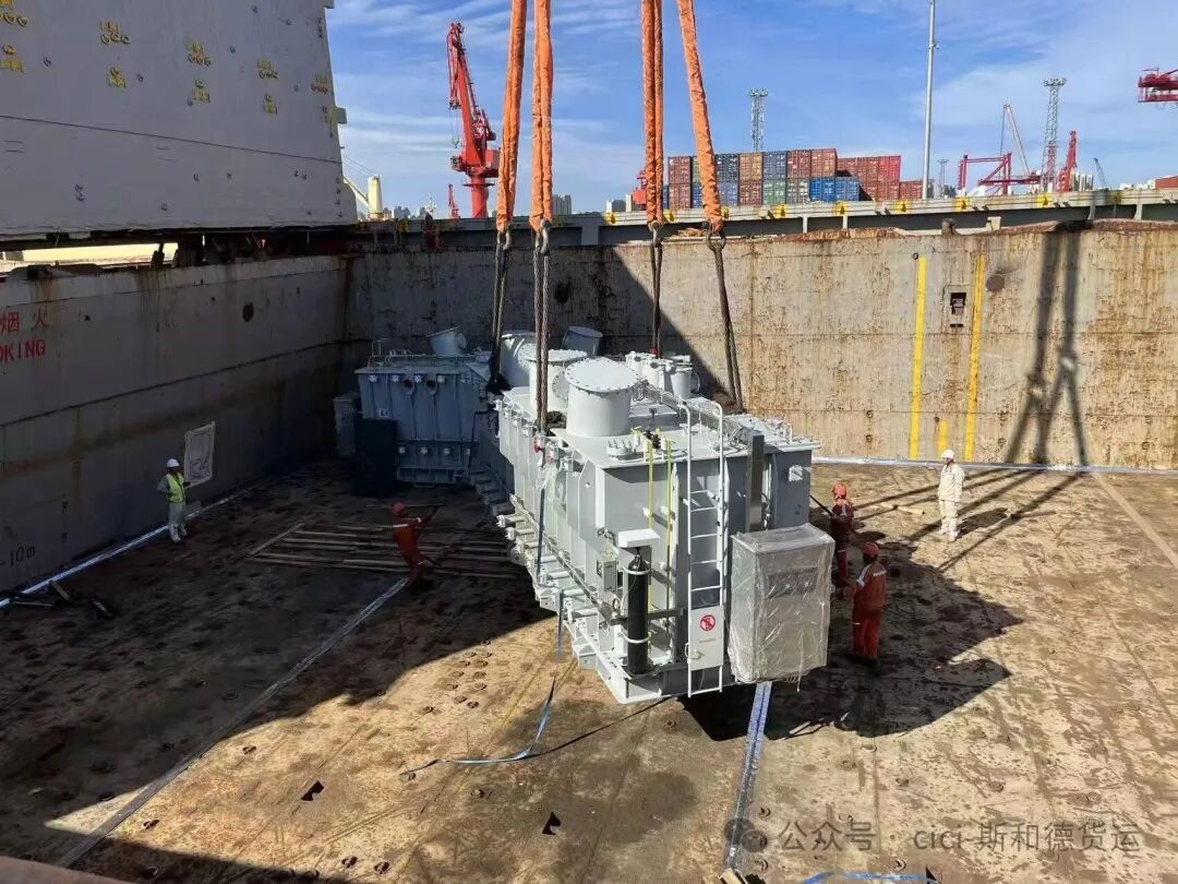 Final stowage of the 128-ton transformer inside the vessel hold, lashings complete, ready for sea