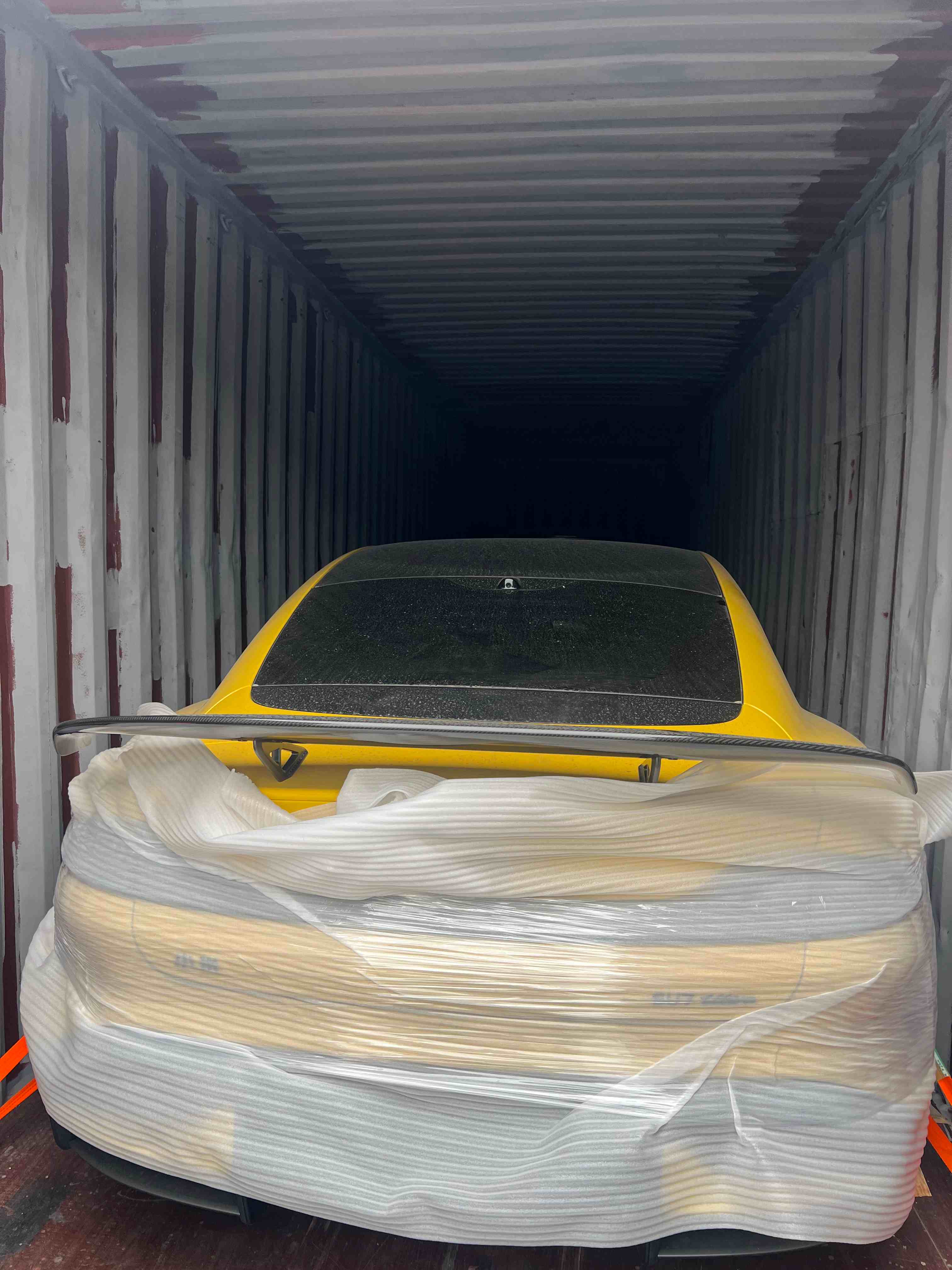 Electric sports car in protective wrapping inside container for DG sea freight